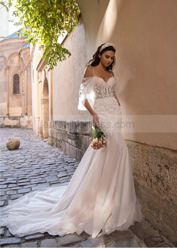 Blush Sparkly Lace Tulle Sexy Mermaid Wedding Dress